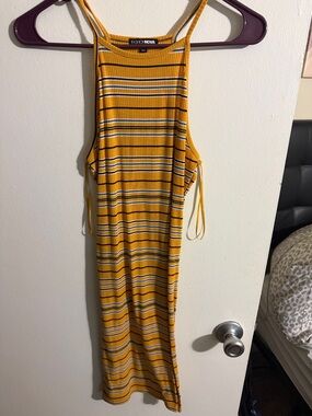 Fashion Nova Yellow Striped Ribbed Bodycon Dress